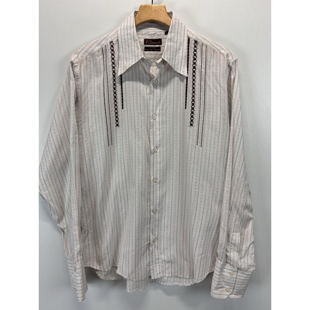 7 Diamonds Floral Button Up Shirt Sz Large Men's Embroidered Pink White Brown